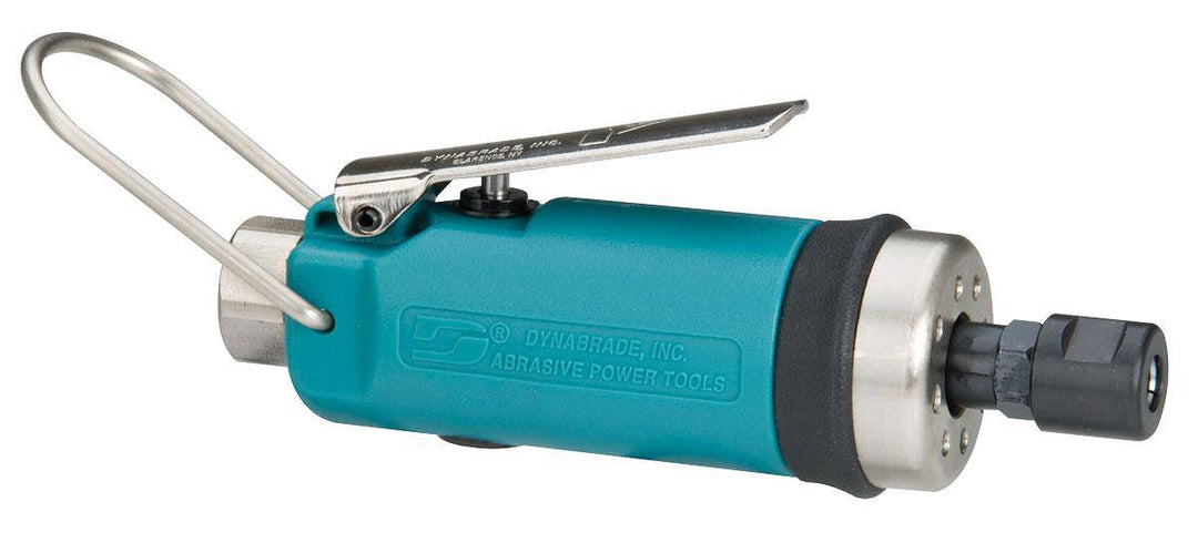 Dynabrade 52200 straight-line die grinder with 0.4 HP, 25,000 RPM, gearless design, front exhaust, 1/4-inch collet for precision grinding.