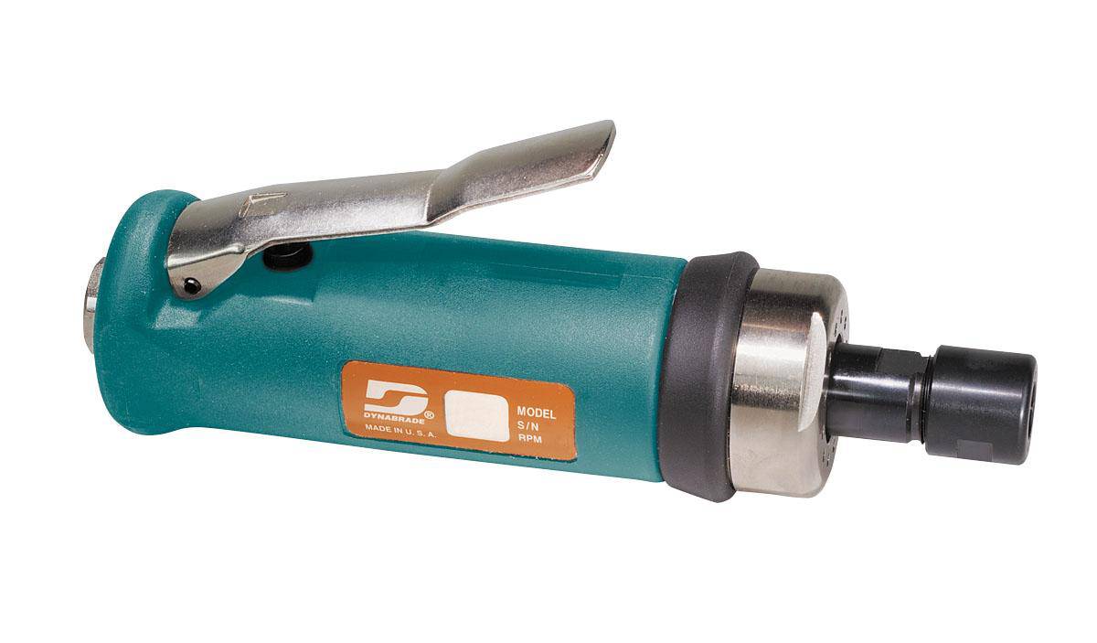 Dynabrade 52256 straight-line die grinder with 0.7 HP, 15000 RPM, gearless design, front exhaust, 1/4 inch collet for precision grinding.