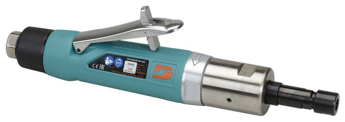 Dynabrade 52662 1 HP straight-line die grinder with planetary gear, rear exhaust, 1/4 inch collet, 3400 RPM for precise grinding.