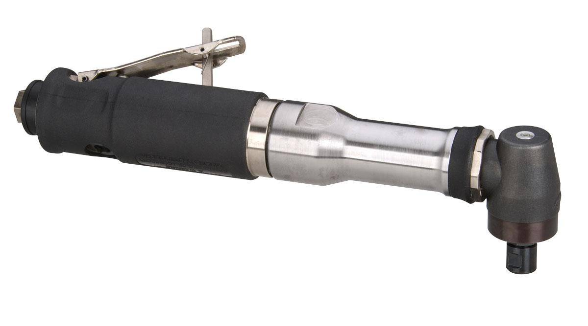 Dynabrade .7 Hp extended right angle die grinder with steel gears, rear exhaust, 1/4-inch and 6mm collet, 12000 RPM for precise grinding.