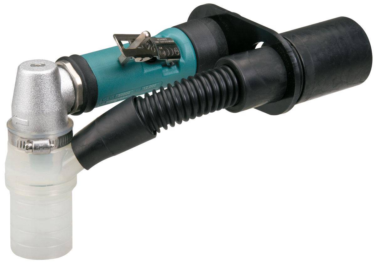 Dynabrade 56715 right angle die grinder with central vacuum, 12000 RPM, rear exhaust, 1/4 inch and 6mm collets, extended muffler