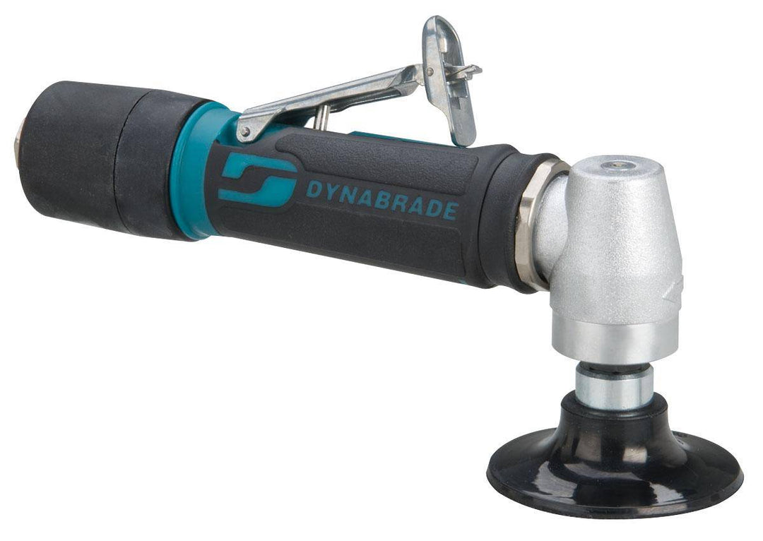 Dynabrade 48530 3-inch right angle disc sander with geared motor, 12000 RPM, rear exhaust, locking female pad for grinding tasks.