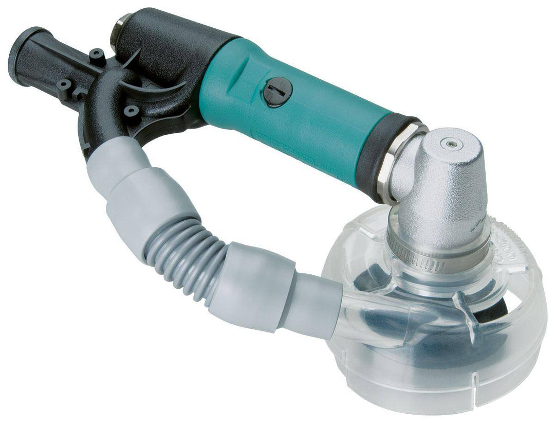 Dynabrade 50570 3-inch vacuum right-angle disc sander with 0.4 HP, 15000 RPM, geared design, female pad, and rear exhaust.