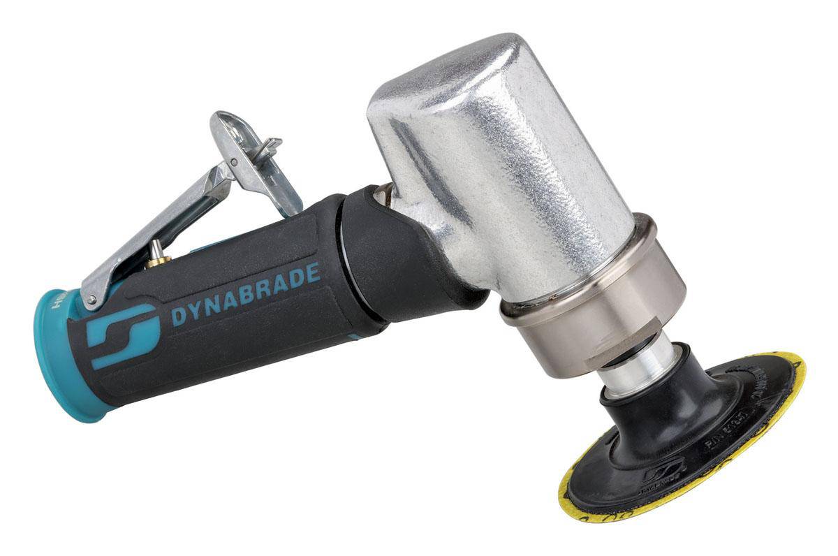 Dynabrade 52410 3-inch offset disc sander with 7° angle, 0.7 HP, 15000 RPM, gearless design, front exhaust, locking female pad.