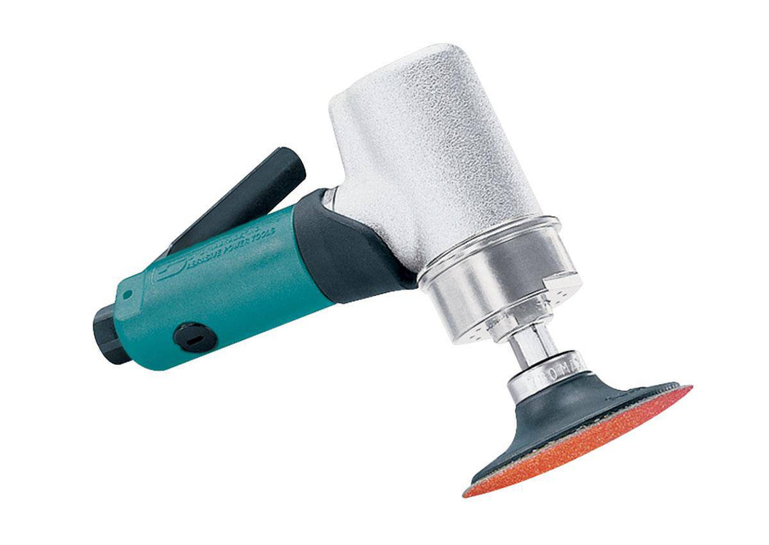 Dynabrade 52412 3-inch offset disc sander with 7° angle, 0.7 HP, 20,000 RPM, gearless design, front exhaust, locking pad.