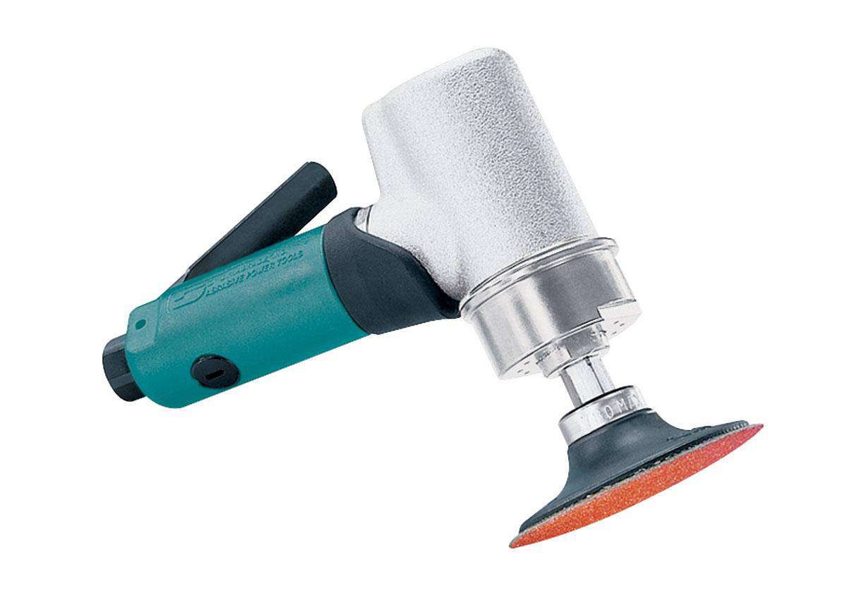 Dynabrade 52412 3-inch offset disc sander with 7° angle, 0.7 HP, 20,000 RPM, gearless design, front exhaust, locking pad.