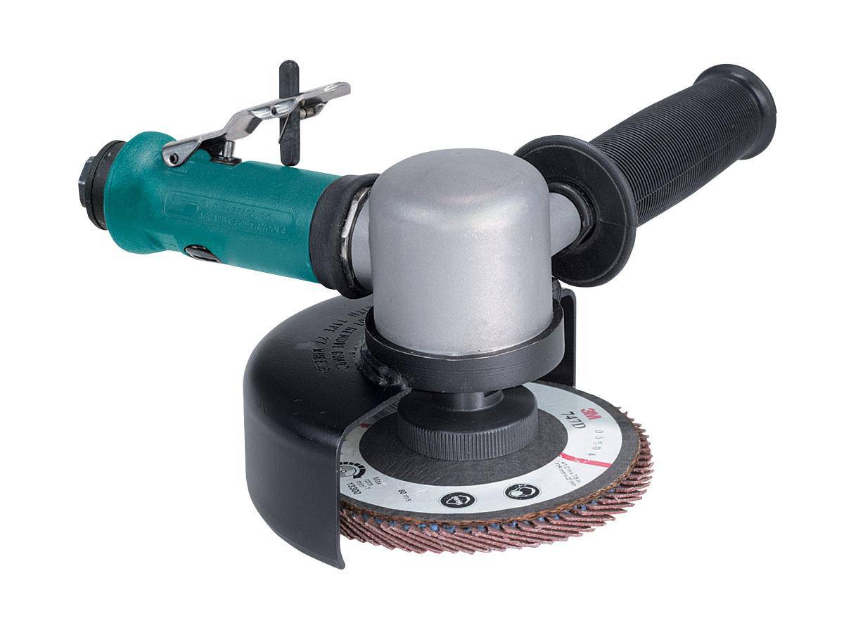 Dynabrade 52518 right angle disc sander with 4.5-inch diameter, 0.55 HP, 15000 RPM, gearless design, rear exhaust, M14 x 2 spindle thread.