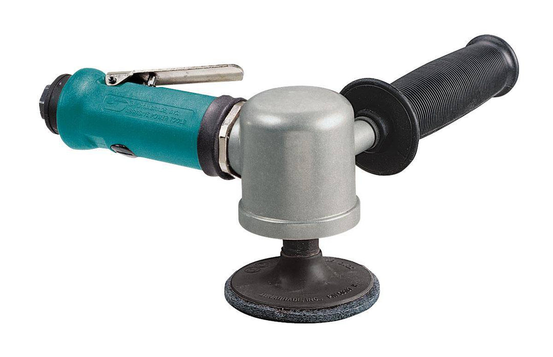 Dynabrade 52558 3-inch right angle disc sander with 0.55 HP, 15000 RPM, gearless design, rear exhaust, female pad for industrial use.