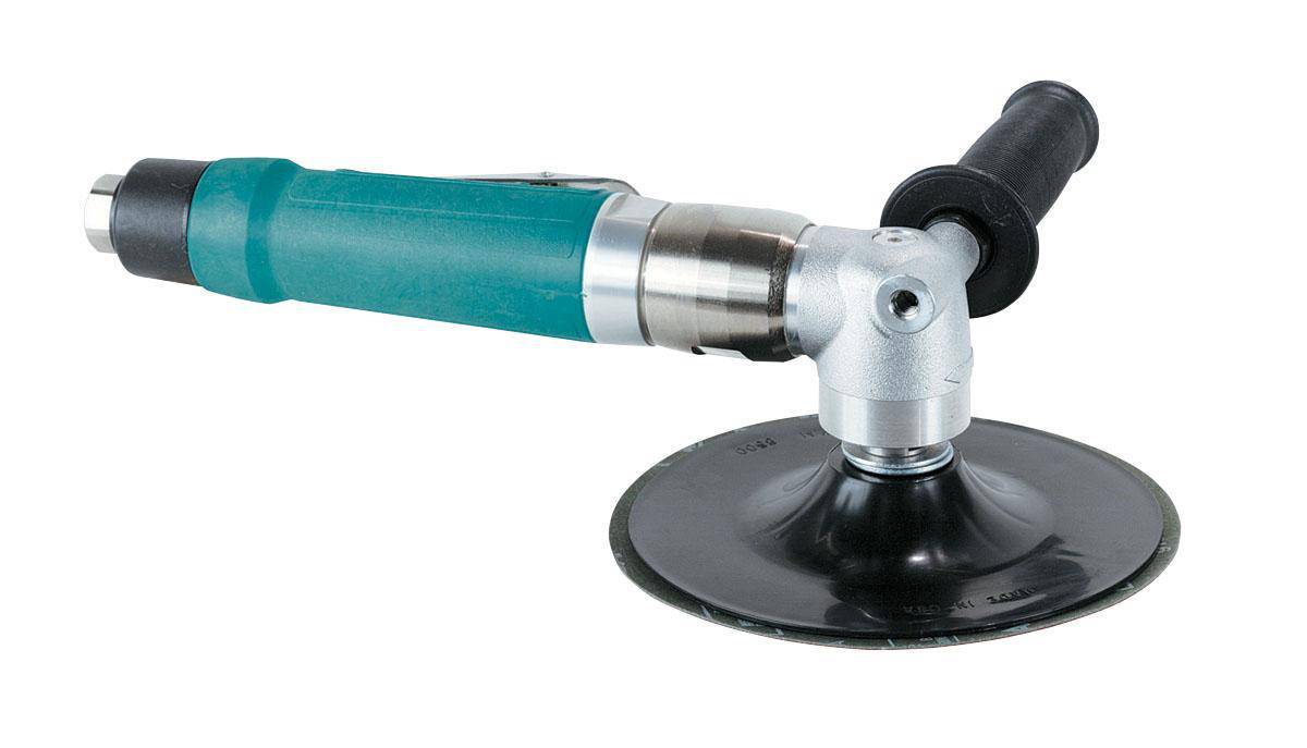 Dynabrade 52567 7-inch right angle disc sander with 1 HP motor, 6000 RPM, rear exhaust, M14 x 2 spindle thread, durable construction.