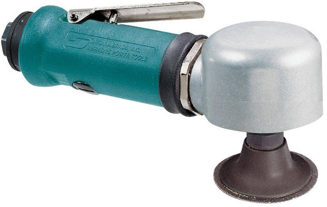Dynabrade 52590 2-inch right angle disc sander with rear exhaust, locking female pad, 0.33 HP, 18000 RPM gearless design.