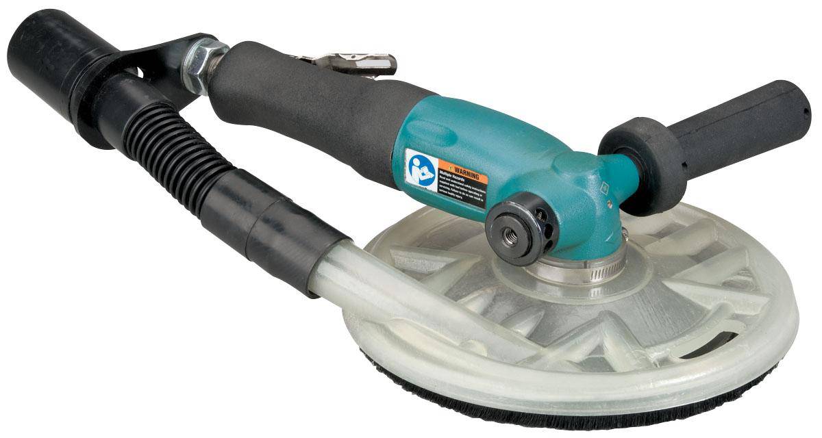 Dynabrade 52597 7-inch right-angle disc sander with central vacuum, 1.3 HP, 6000 RPM, 5/8-11 spindle thread, rotational exhaust.