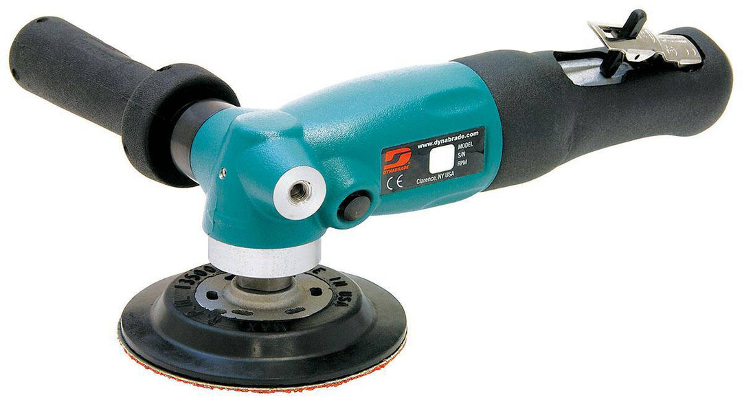 Dynabrade 52634 4.5-inch right angle disc sander with 1.3 HP motor, 12,000 RPM, rotational exhaust, and 5/8-11 spindle thread.