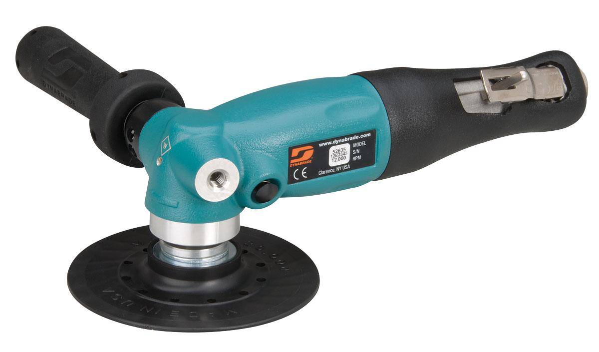 Dynabrade 52635 5-inch right angle disc sander with 1.3 HP, 12000 RPM, rotational exhaust, and 5/8-11 inch spindle thread.