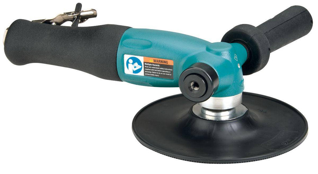 Dynabrade 52656 7-inch right angle disc sander with 1.3 HP, 6000 RPM, rotational exhaust, M14 x 2 spindle thread, industrial tool.