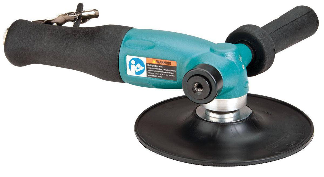 Dynabrade 53869 7-inch right angle disc sander with 1.3 Hp, 8500 rpm, M14 x 2 spindle thread, designed for industrial grinding.