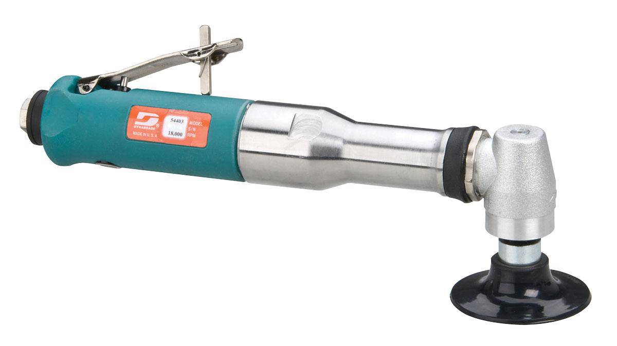 Dynabrade 54403 3-inch diameter extended right angle disc sander with 0.7 HP and 18000 RPM, composite body, shown in use.