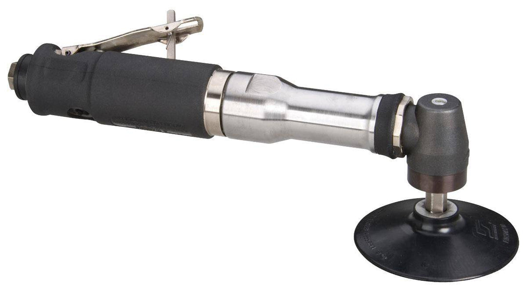 Dynabrade 54424 3-inch diameter extended right angle disc sander with 0.7 HP motor and 18000 RPM, steel construction.
