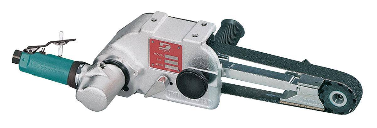 Dynabrade Dynabelter 11462 disc sander with 0.7 HP motor, 7-degree offset, 18000 RPM, front exhaust for 1x60 belts.