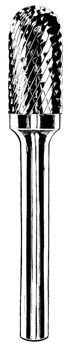 Dynabrade double cut carbide burr with 1/8 inch diameter, cylindrical radiused end, 9/16 inch flute, and 1/8 inch shank.