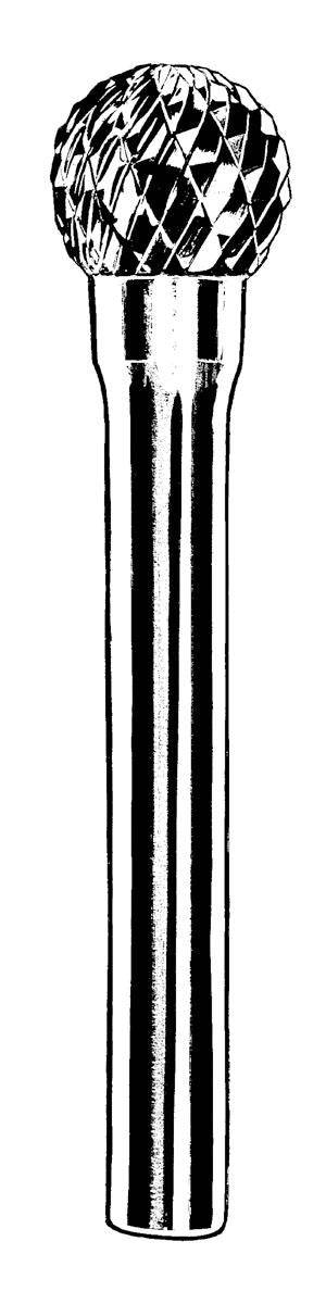 Dynabrade double cut carbide burr with 1/8 inch diameter, ball radiused end, 1/8 inch shank, ideal for precision grinding and shaping.
