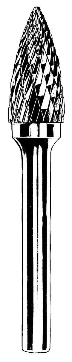 Dynabrade double cut carbide burr with 1/8 inch diameter, radiused end, 1/2 inch flute, mounted on a shank, for precision grinding.