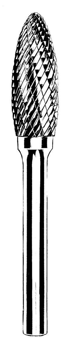 Dynabrade double cut carbide burr with flame pointed end, 1/8 inch diameter, 1/4 inch flute, 1/8 inch shank for rotary grinding.