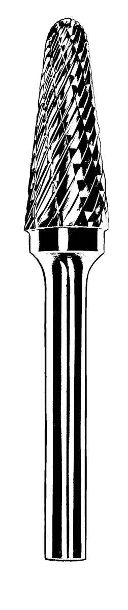 Dynabrade double cut carbide burr with 1/8 inch diameter, tapered radiused end, 1/2 inch flute, and 1/8 inch shank for precision grinding.