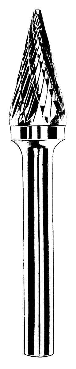 Dynabrade double cut carbide burr with 1/8 inch diameter, 14-degree cone shape, 7/16 inch flute, and 1/8 inch shank.