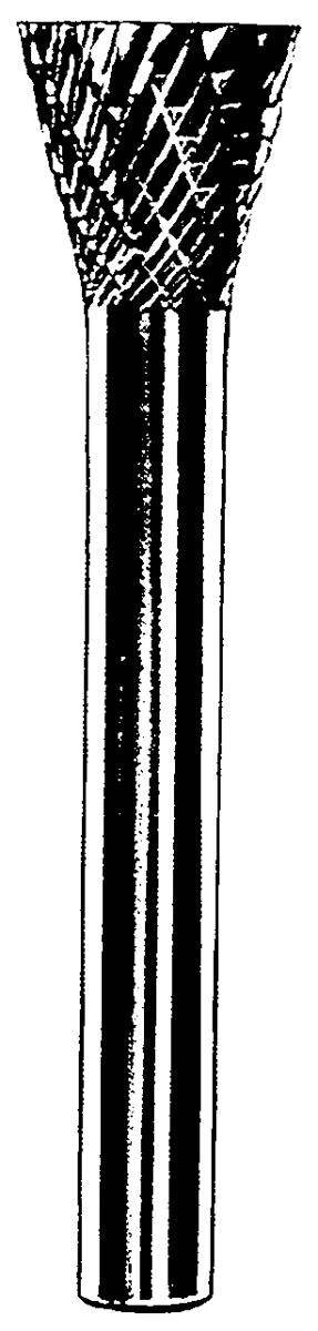 Dynabrade double cut carbide burr with 1/8 inch diameter, inverted cone shape, 10-degree angle, and 1/8 inch shank.