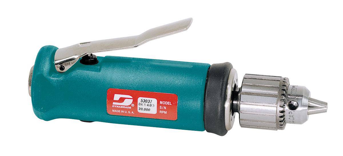 Dynabrade 53037 1/4 inch drill with 0.5 HP, straight-line design, 20,000 RPM, front exhaust, Jacobs chuck in close-up view