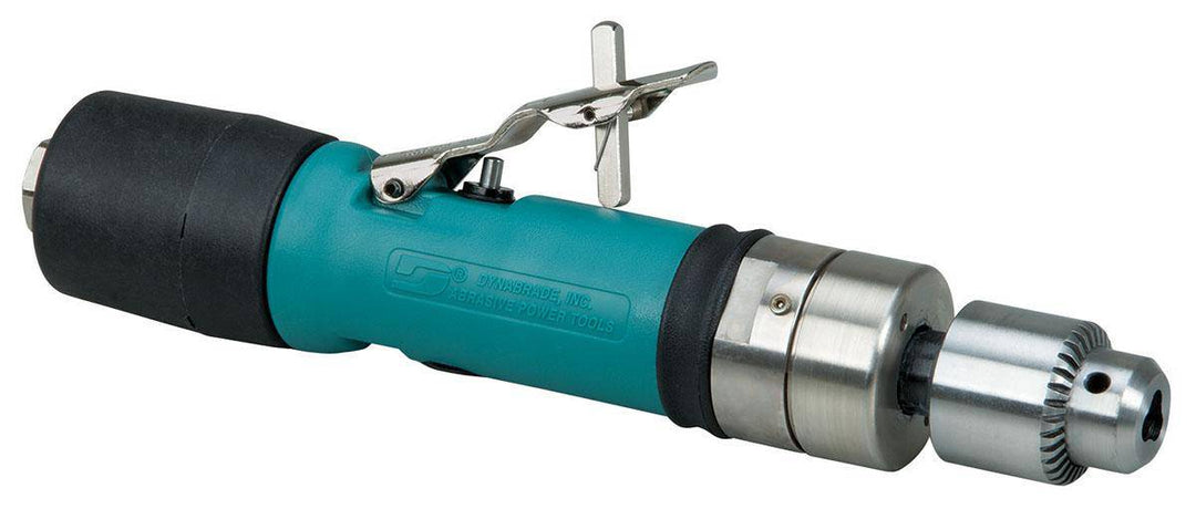 Dynabrade 53078 1/4-inch drill with 0.4 HP, 3200 RPM, straight-line planetary gear, rear exhaust, Jacobs chuck in action.