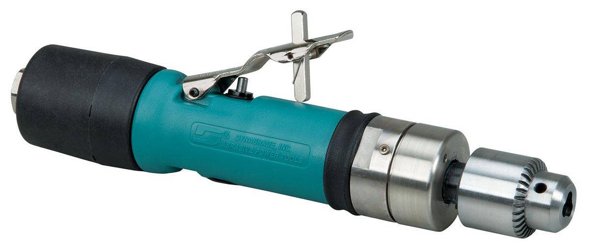 Dynabrade 53078 1/4-inch drill with 0.4 HP, 3200 RPM, straight-line planetary gear, rear exhaust, Jacobs chuck in action.