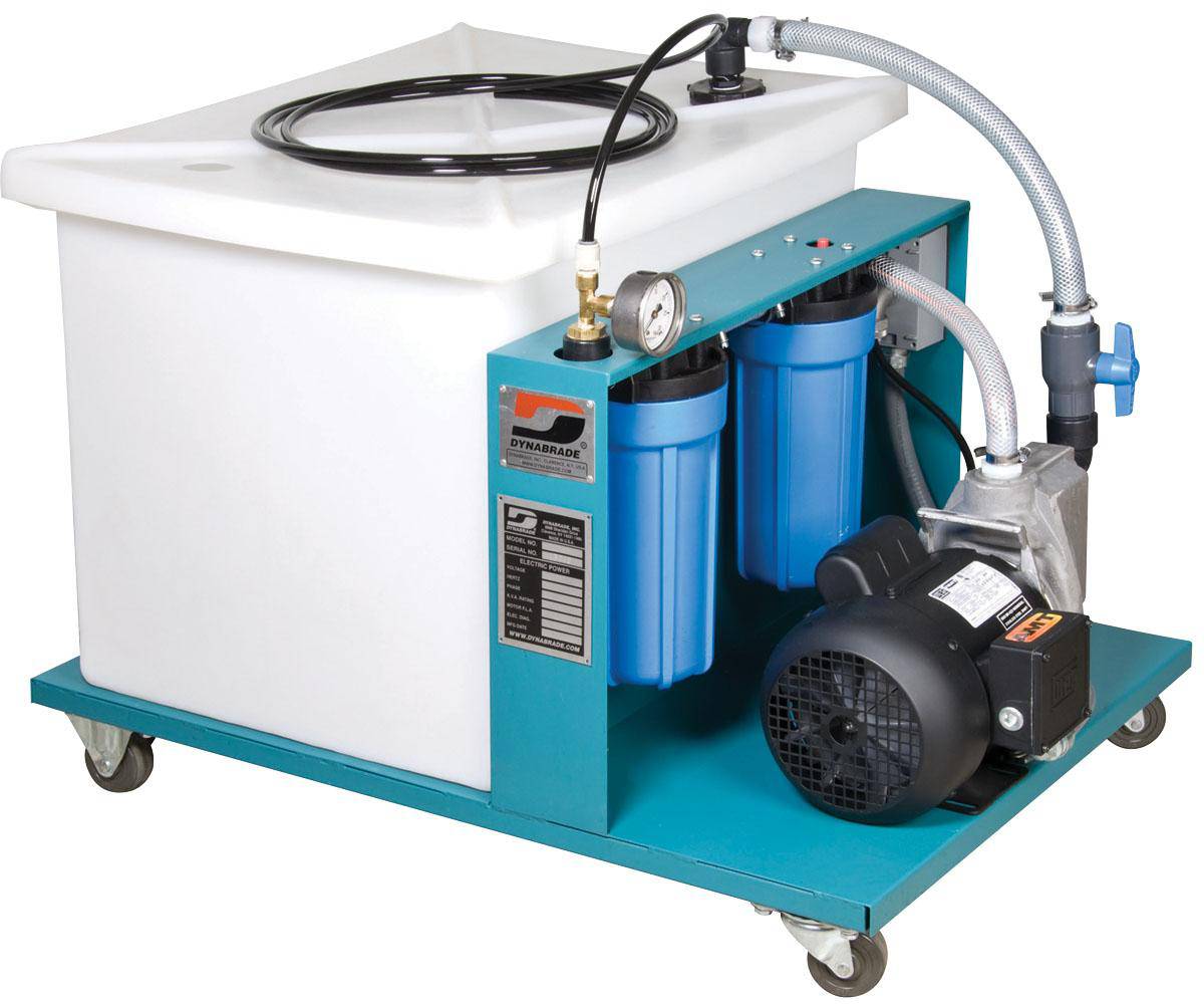 Dynabrade 68100 coolant filtration system for industrial coolant, 230V, 1-phase, 60Hz, with filtration components visible.