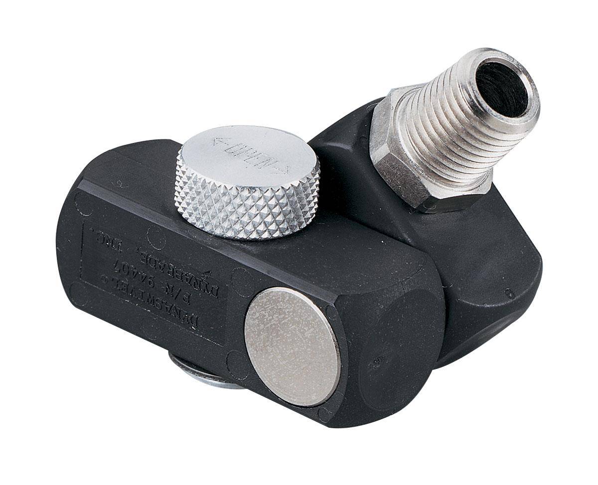 Dynabrade 94407 1/4 inch swivel fitting set with quick-connect for pneumatic tools, showing fittings and connectors.