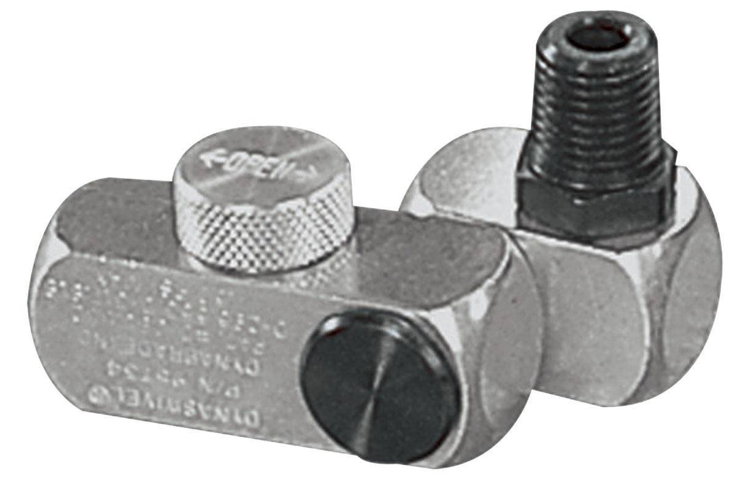 Dynabrade 95734 1/4 inch swivel flow control fitting set showing metal fittings with swivel joints and flow control mechanisms