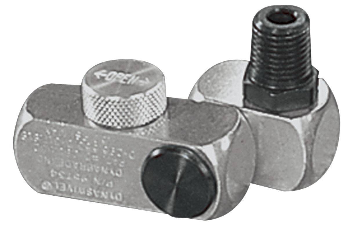 Dynabrade 95734 1/4 inch swivel flow control fitting set showing metal fittings with swivel joints and flow control mechanisms