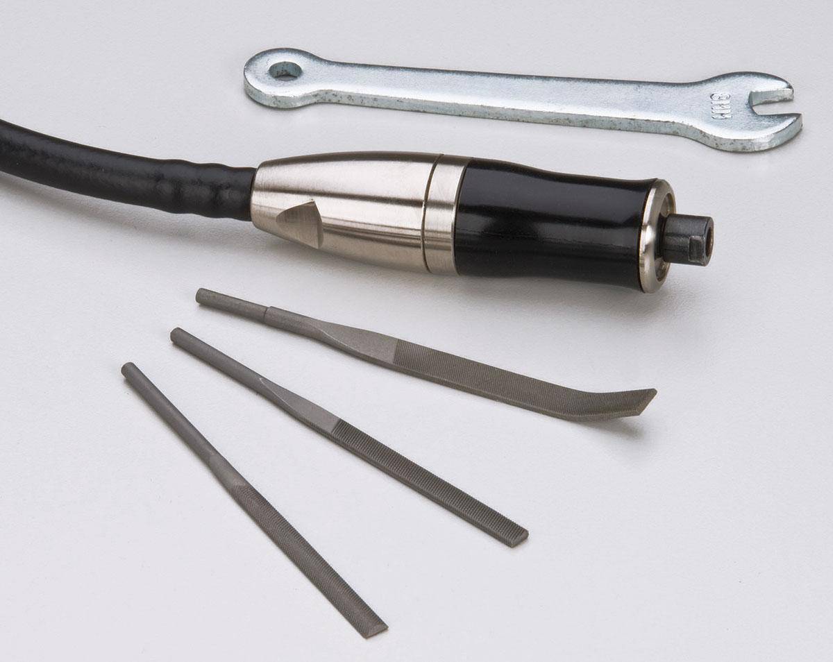 Dynabrade Dynapen reciprocating tool filer kit with 1/8 inch collet, 3 mm collet, 14000 RPM, inline design, and 36-degree swivel.