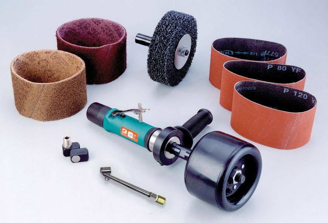 Dynabrade Dynastraight finishing tool kit with 0.7 HP straight-line grinder, 3400 RPM, rear exhaust, 5/8-11 inch arbor.