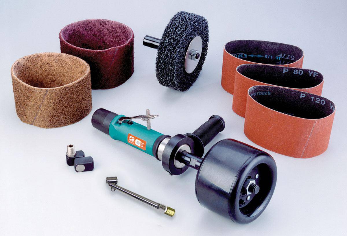Dynabrade Dynastraight finishing tool kit with 0.7 HP straight-line grinder, 3400 RPM, rear exhaust, 5/8-11 inch arbor.