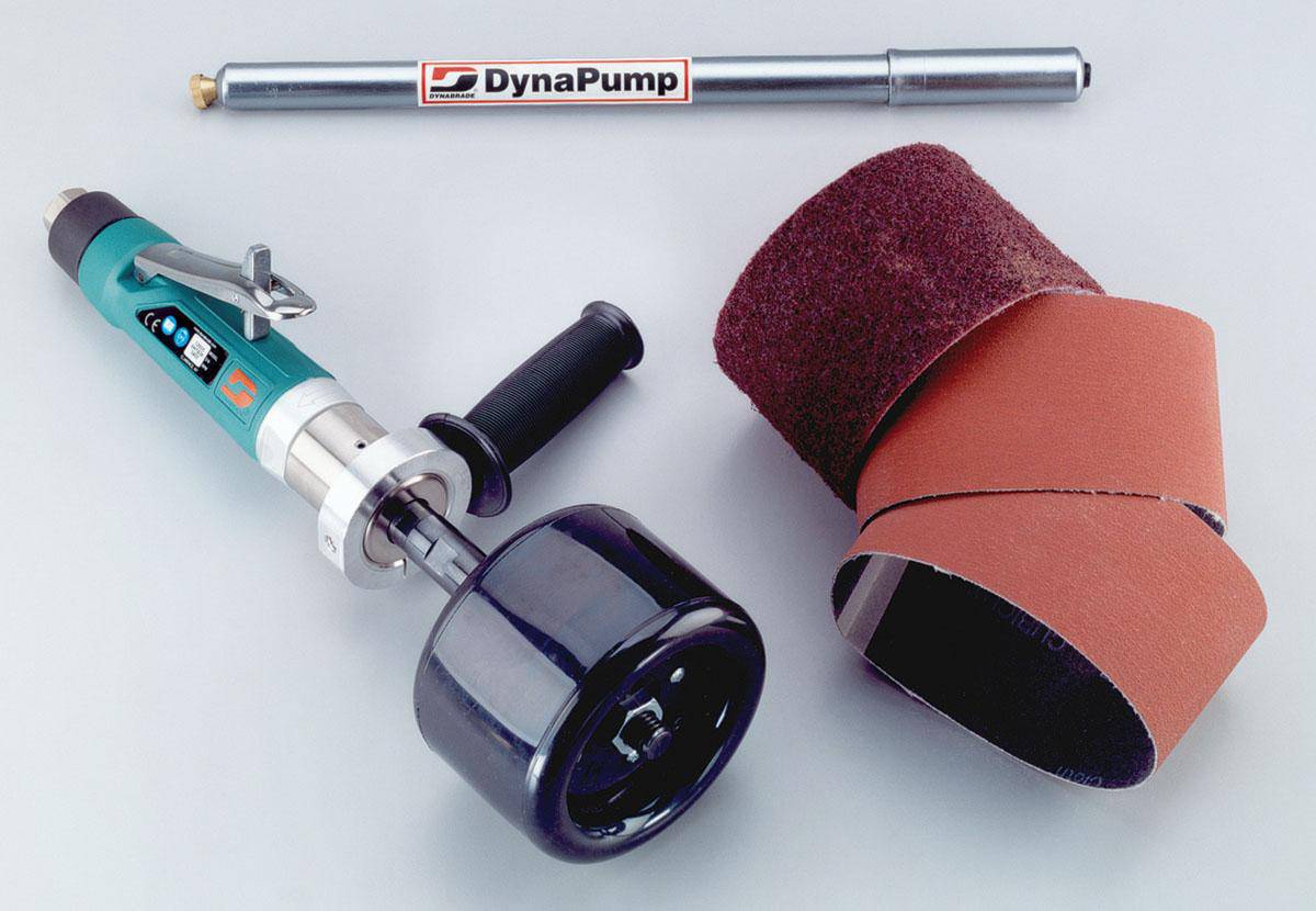 Dynabrade Dynastraight finishing tool kit with 1 HP straight-line grinder, 3400 RPM, rear exhaust, 5/8-11 inch arbor.