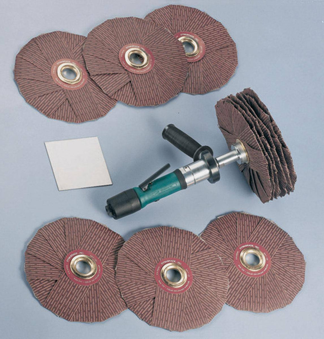 Dynabrade Dyninger 52061 finishing tool kit with straight-line grinder, rear exhaust, 0.4 Hp, 5/8 or 1 inch arbor diameter.