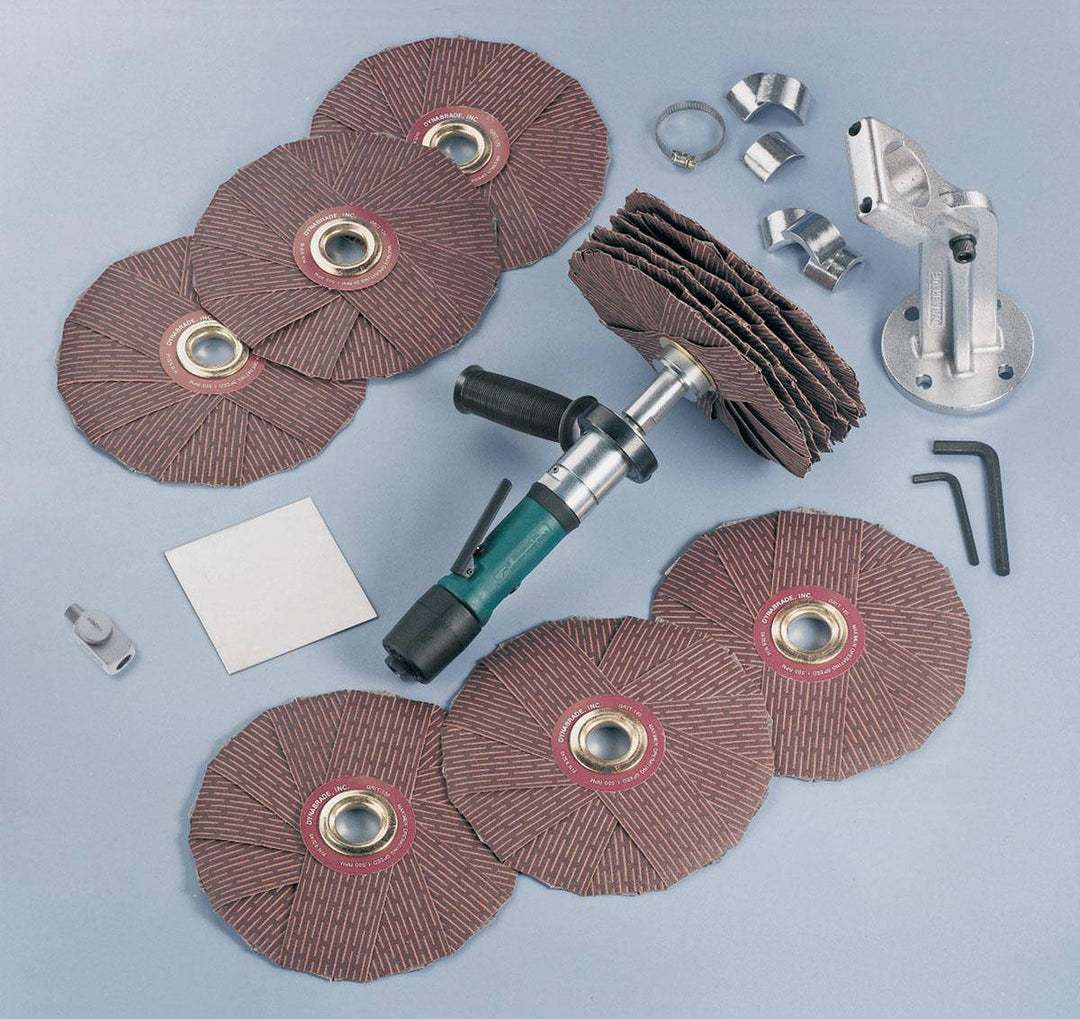 Dynabrade Dyninger 52062 finishing tool kit with straight-line grinder, 0.4 HP, rear exhaust, 5/8-inch or 1-inch arbor.