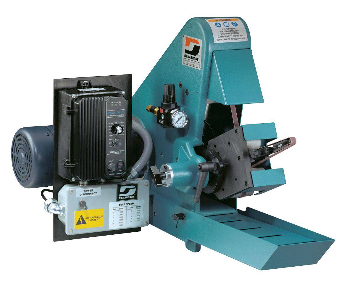 Dynabrade 64881 variable speed grinder with 1 HP, 230V, for 1/4 to 2-inch belts, showing the grinder and belt attachment.
