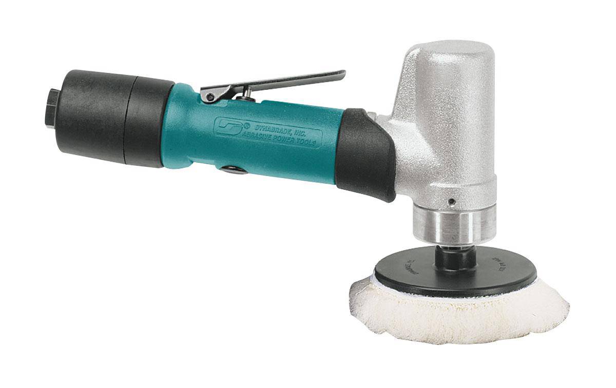 Dynabrade 51401 3-inch diameter offset rotary buffer with 7-degree angle, 0.4 HP, 5000 RPM, rear exhaust, 3/8-24 spindle thread.