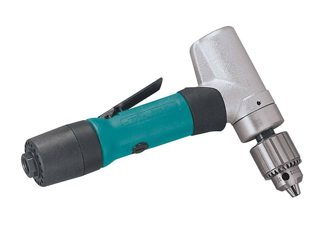 Dynabrade Jacobs 53073 1/4-inch offset drill with 0.4 HP, 3200 RPM, 7-degree planetary gear, rear exhaust, industrial power tool.