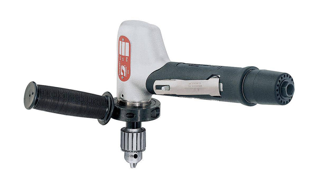 Dynabrade 53080 1/2 inch offset drill with 0.7 HP, 3400 RPM, 7-degree offset, planetary gear, rear exhaust, Jacobs brand.
