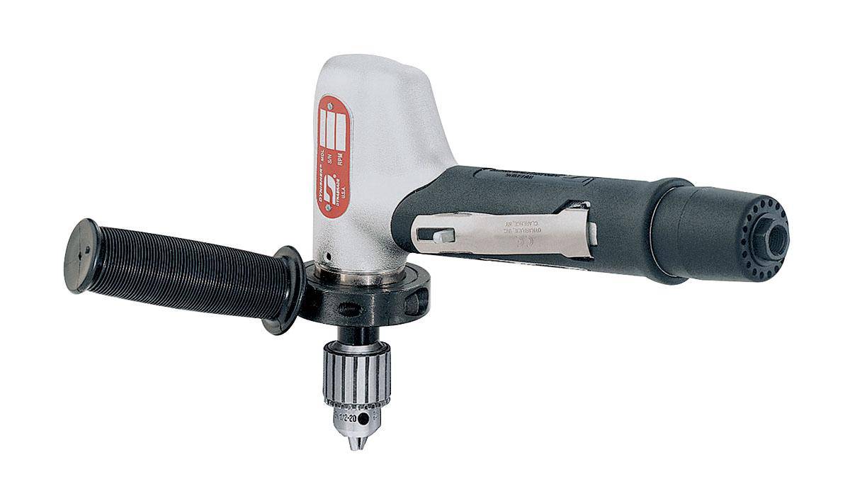 Dynabrade 53080 1/2 inch offset drill with 0.7 HP, 3400 RPM, 7-degree offset, planetary gear, rear exhaust, Jacobs brand.