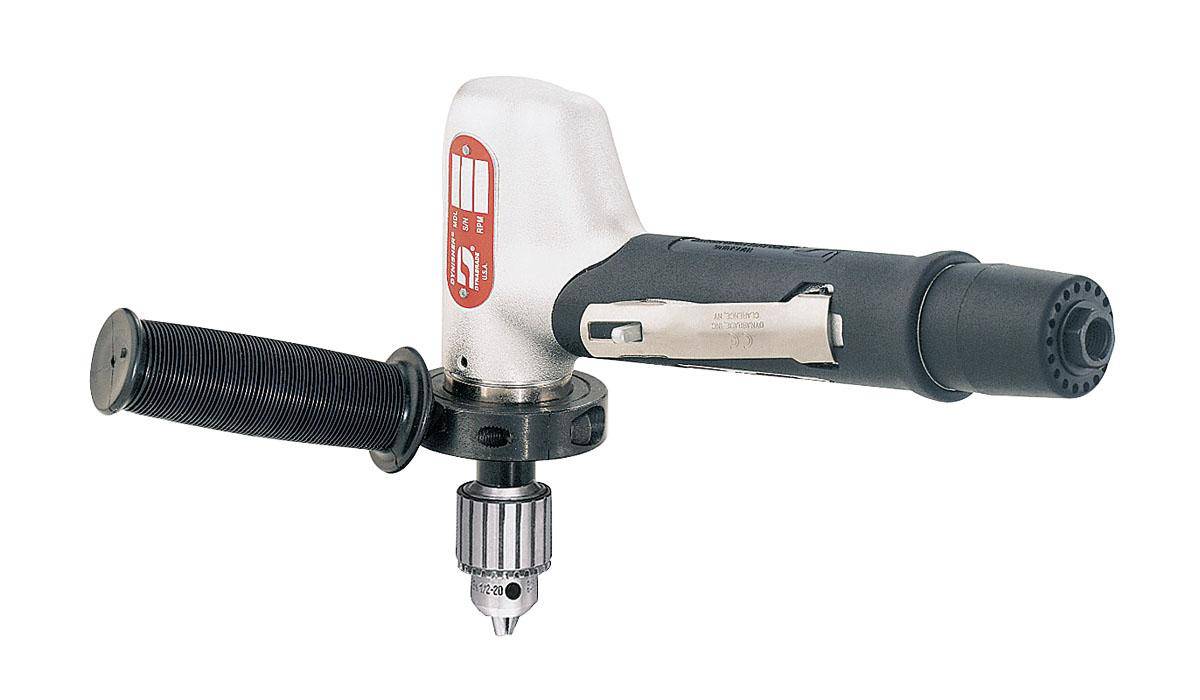 Dynabrade 53081 1/2 inch drill with 0.7 HP, 4500 RPM, 7-degree offset, planetary gear, rear exhaust for professional use.