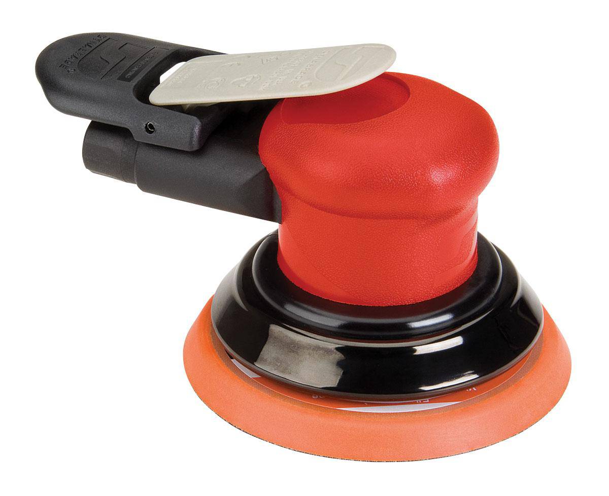 Dynabrade 21030 pneumatic random orbit sander, 3/16 inch, 5-inch red non-vacuum, used for finishing and smoothing surfaces.