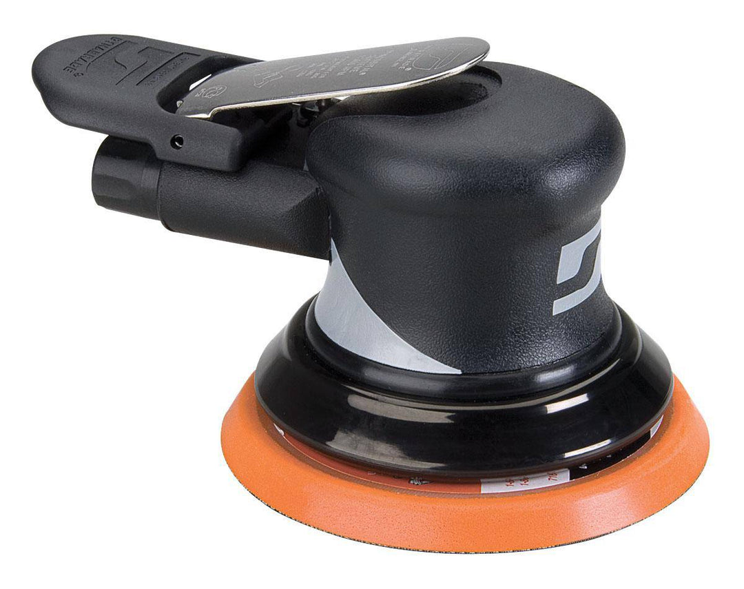 Dynabrade 56815 pneumatic orbital sander, 5-inch random orbital sanding tool with 3/16 inch orbit, non-vacuum model, 12000 RPM.